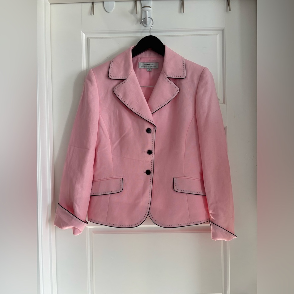 Vintage Tahari 3-Piece Linen Blend Suit Pink Blazer Top & Black Skirt Set 6 8 - Picture 2 of 10